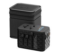 Bigfish Universal Travel Adapter WorldWide with 65W USB C PD Fast Charging, featuring 2 USB A and 2 USB C ports, and Dual 10A Fuses,All-in-One international design supports EU, UK, US, and AUS plugs