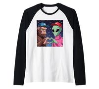 Bigfoot & Alien Heart Hands Funny Cartoon Cosmic Friendship Raglan Baseball Tee