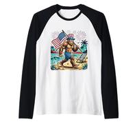 Bigfoot American Flag 4th of July Funny Sasquatch Beach Vibe Raglan Baseball Tee