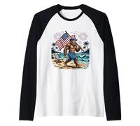 Bigfoot American Flag 4th of July Funny Sasquatch Beach Vibe Raglan Baseball Tee