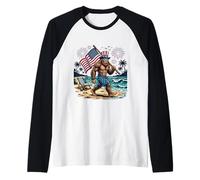 Bigfoot American Flag 4th of July Patriotic Beach Fireworks Raglan Baseball Tee