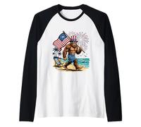 Bigfoot American Flag 4th of July Patriotic Beach Fireworks Raglan Baseball Tee