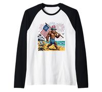 Bigfoot American Flag 4th of July Patriotic Beach Fireworks Raglan Baseball Tee