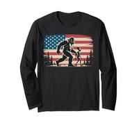 Bigfoot and Alien Holding Hands American Flag Background Long Sleeve T-Shirt