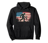 Bigfoot and Alien Holding Hands American Flag Background Pullover Hoodie