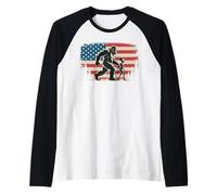 Bigfoot and Alien Holding Hands American Flag Background Raglan Baseball Tee
