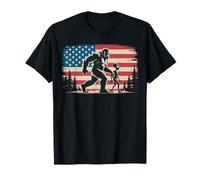 Bigfoot and Alien Holding Hands American Flag Background T-Shirt