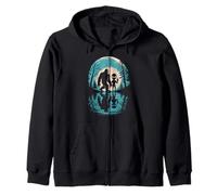 Bigfoot And Alien Peace Sign Moon Lake Reflection Forest Art Zip Hoodie