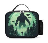 Bigfoot and Aliens Leather Insulated Lunch Bag Reusable Lunchbox Portable Tote Bags with Detachable Buckled Handle 21x27x9cm