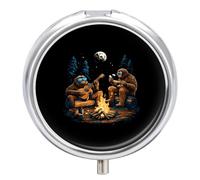 Bigfoot Camping Play Guitar Funny Round Pill Organizer Travel Pharmacy Box Portable Medicine Case with 3 Compartments