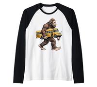 Bigfoot Carrying School Bus Funny Sasquatch Back to School Raglan Baseball Tee