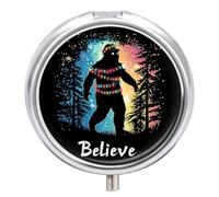 Bigfoot Christmas Lights Believe Cute Travel Pill Organizer Portable Small Round Medicine Case Box for Pocket Purse