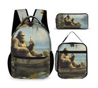 Bigfoot Drinking In Boat Backpacks With Lunch Bag Pencil Pen Case Cute Laptop Travel Daypack 3 Piece Set