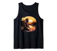 Bigfoot Fishing Adventure in Sunset Wilderness Scene Tank Top
