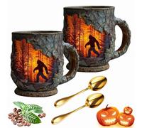 Bigfoot Forest Fire Mug, Bigfoot Coffee Mug, Campfire Coffee Mug for Camping, Halloween Resin Special-Mugs Design with 3D Relief, Cryptid Believers Nature Lovers Mountain, Halloween Decorations (2set)