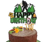 Bigfoot Happy Birthday Cake Topper Green Glitter Crossing Forest Themed Cake Decoration Bigfoot Jungle Fire Mountain Camping Themed Party Decor