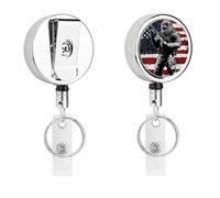 Bigfoot Holding Rifle U.S. Flag Cute Retractable Metal ID Badge Holder Reel Clip Keychain for Office Work