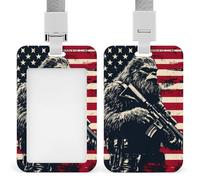 Bigfoot Holding Rifle U.S. Flag Push-Pull ID Badge Holder Vertical Clear Holders with Lanyard Key Card Work Clip for Office Men Women