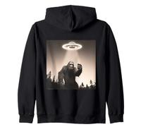 Bigfoot in selfie mode with UFOs funny weird Zip Hoodie