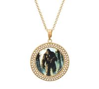 Bigfoot In The Woods Fashion Necklace Chain Round Graphic Pendant with Diamond Jewellery Golden-style