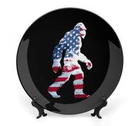 Bigfoot in U.S. Flag Printed Bone China Decorative Plate Ceramic Decorative Plate with Display Stand for Home Wall Decor