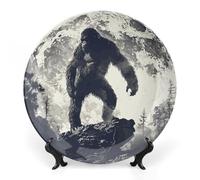 Bigfoot Moon Sasquatch Ceramic Decorative Plates for Display Ornaments with Stand for Kitchen Home Decor 10inch