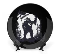 Bigfoot Peace Sign U.S. Flag Sasquatch Ceramic Decorative Plates for Display Ornaments with Stand for Kitchen Home Decor 7inch