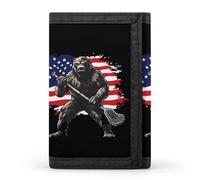 Bigfoot Playing Lacrosse U.S. Flag Printed Trifold Wallets Front Pocket Wallet With ID Window Gifts for Men And Women