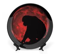 Bigfoot Red Moon Sasquatch Ceramic Decorative Plates for Display Ornaments with Stand for Kitchen Home Decor 7inch