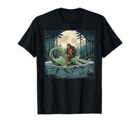 Bigfoot Riding Loch Ness Monster Moonlit Lake Cryptid T-Shirt