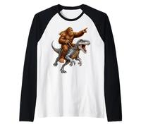 Bigfoot Riding Raptor Dinosaur Sasquatch Explorer Quest Raglan Baseball Tee