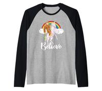 Bigfoot Riding Unicorn Believe Yeti Sasquatch Rainbow Raglan Baseball Tee