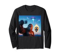 Bigfoot Sasquatch taking a selfie with flaming skull and UFO Long Sleeve T-Shirt