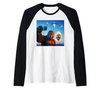 Bigfoot Sasquatch taking a selfie with flaming skull and UFO Raglan Baseball Tee