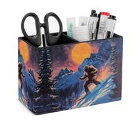 Bigfoot Skiing Deer Elks Leather Pen Pot 2 Sections Pencil Holder Office Desktop Organizer Makeup Storage