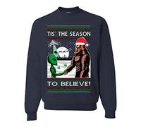Bigfoot Tis' The Season to Believe in Conspiracies Aliens Ufo Ugly Christmas Sweater Unisex Crewneck Graphic Sweatshirt, Navy, Large
