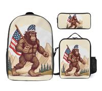 Bigfoot USA Flag 3 Pieces Set Laptop Backpack Travel Daypack with Lunch Box Pencil Case for Men Women