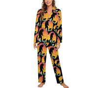 Bigfoot Walking with French Bulldog Women's Cuban Collar Pajama Set Casual Long Sleeve Sleepwear Soft Christmas Pj Birthday Gifts