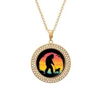 Bigfoot Walking with French Bulldog Women's Round Diamond Necklace Vintage Alloy Pendants Multicolored Sparkly Jewelry