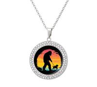 Bigfoot Walking with French Bulldog Women's Round Diamond Necklace Vintage Alloy Pendants Multicolored Sparkly Jewelry