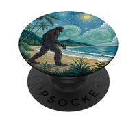 Bigfoot Walks the Beach Under Starry Tropical Sky PopSockets Adhesive PopGrip