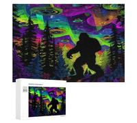 Bigfoot with UFOs And Colorful Northern Funny Wooden Puzzle Adults Difficult Jigsaw Puzzles with Storage Box for Family Game Birthday Gift
