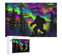 Bigfoot with UFOs And Colorful Northern Funny Wooden Puzzle Adults Difficult Jigsaw Puzzles with Storage Box for Family Game Birthday Gift