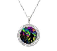 Bigfoot with UFOs And Colorful Northern Multicolored Alloy Diamond Necklaces Brilliant Circle Pendant Necklace Jewelry Gift for Women