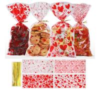 Bighan 100Pcs Valentine's Day Treat Bags, 4 Assorted Styles Valentines Treat Bags, Valentines Goodies Bags with 100 Pieces Gold Twist Ties for Valentines' Party Favors Supplies