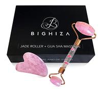 Bighiza Jade Roller and Gua Sha Face Roller Tool Set, Rose Quartz Roller with Real Flower Handle, Anti Aging, Noiseless, Relax Relieve Fine Lines and Wrinkles for Face, Eyes, Neck, Muscle Relaxing