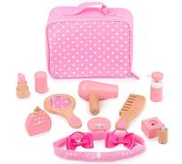 Bigjigs Toys Wooden Kids Vanity Case and Accessories | Role Play Dress Up | 11 Piece Vanity Kit & Accessories with Pink Polka Dot Carry Bag, Ideal Pretend Play Toy & Gift for Girls