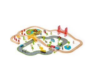 Bigjigs Rail 80 Piece Rural Road and Rail Wooden Train Set - Kids Train Set with 80 Bigjigs Train Accessories incl. Bridges & a Level Crossing for Pretend Play