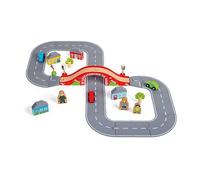 Bigjigs Rail 36 Piece Figure of Eight Roadway (Red Bridge) Race Car Set - Kids Car Playset with Realistic Grey Road Track, 3 Wooden Vehicles, Bigjigs Train Accessories, Wooden Train Track