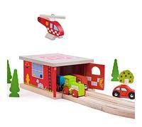 Bigjigs Rail Firestation Shed with Helipad & Fire Rescue Helicopter - Other Major Wood Rail Brands are Compatible